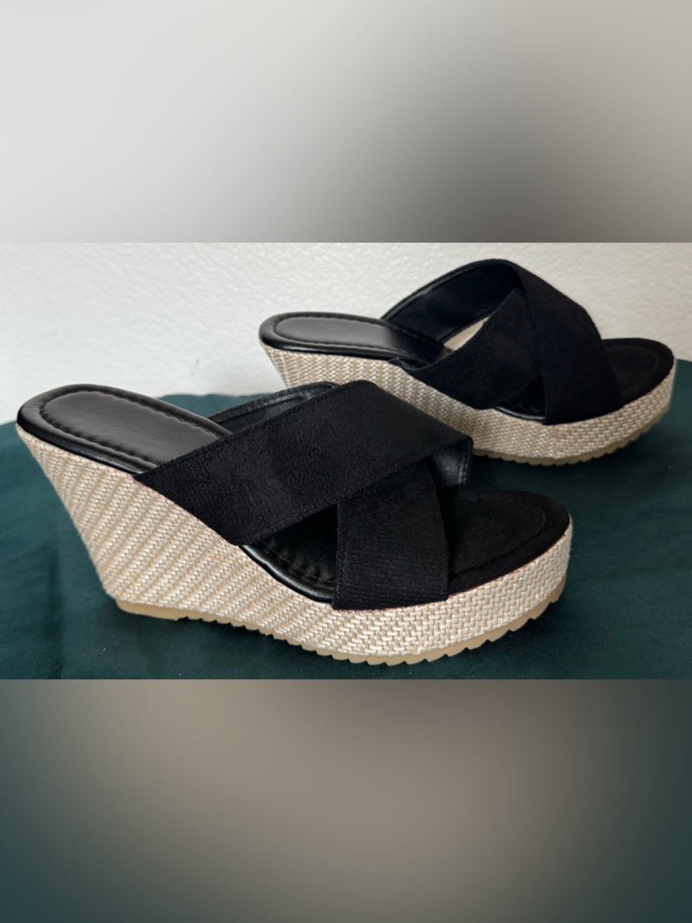 Black Crisscross Wedge Sandals, EUR 39, fit me as a 6.5/7